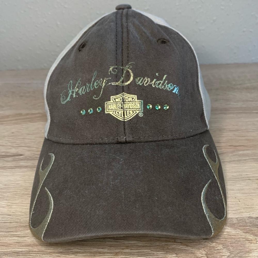 Womens Harley Davidson Bejeweled Gold and Brown Velcro Adjustable Hat